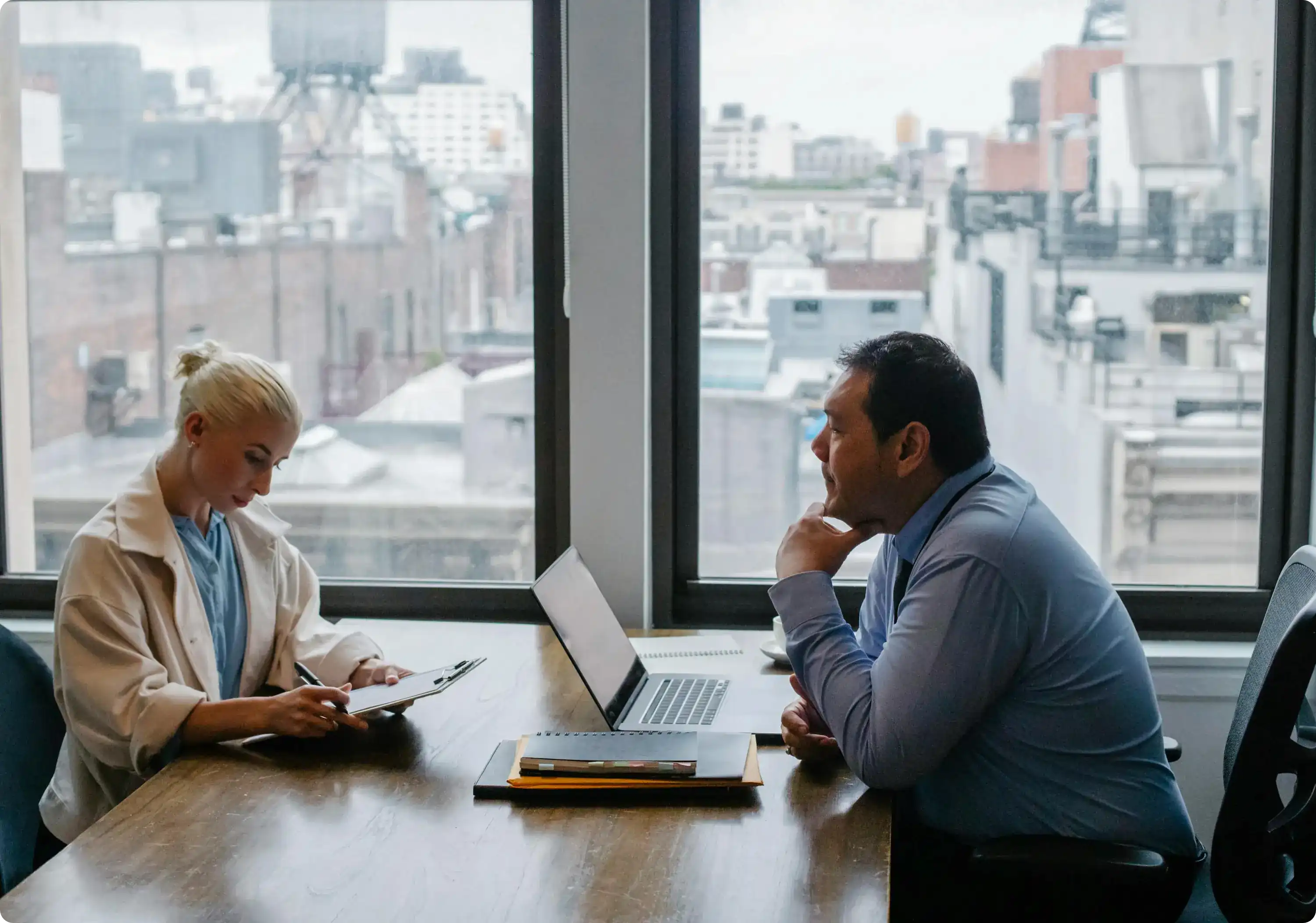 Two people having a business conversation